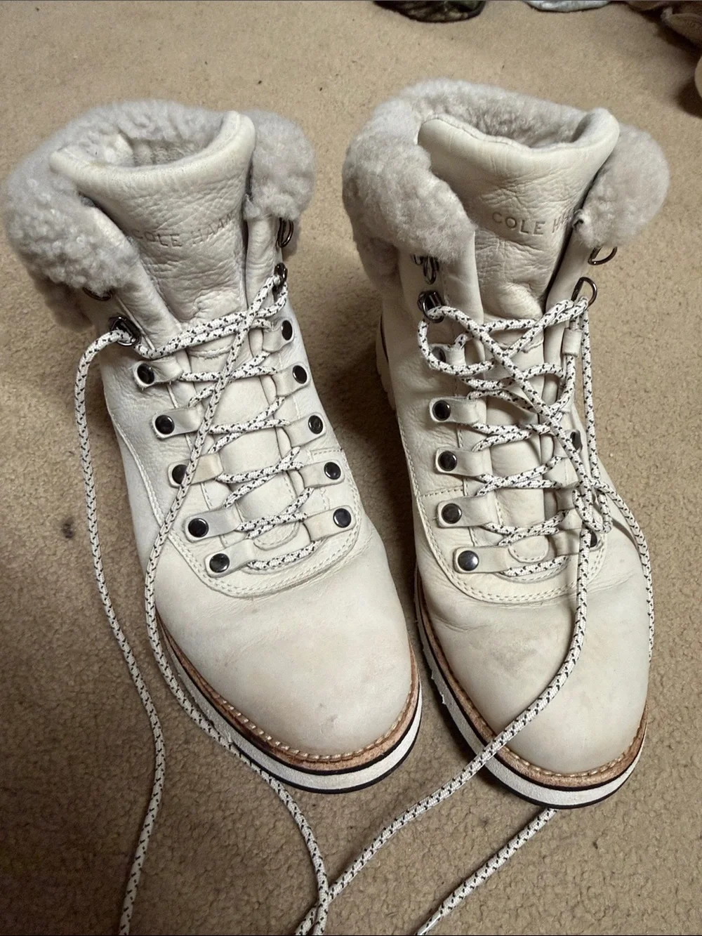 Cole Haan Cream/White Shearling-Trim Leather Hiker Boots
